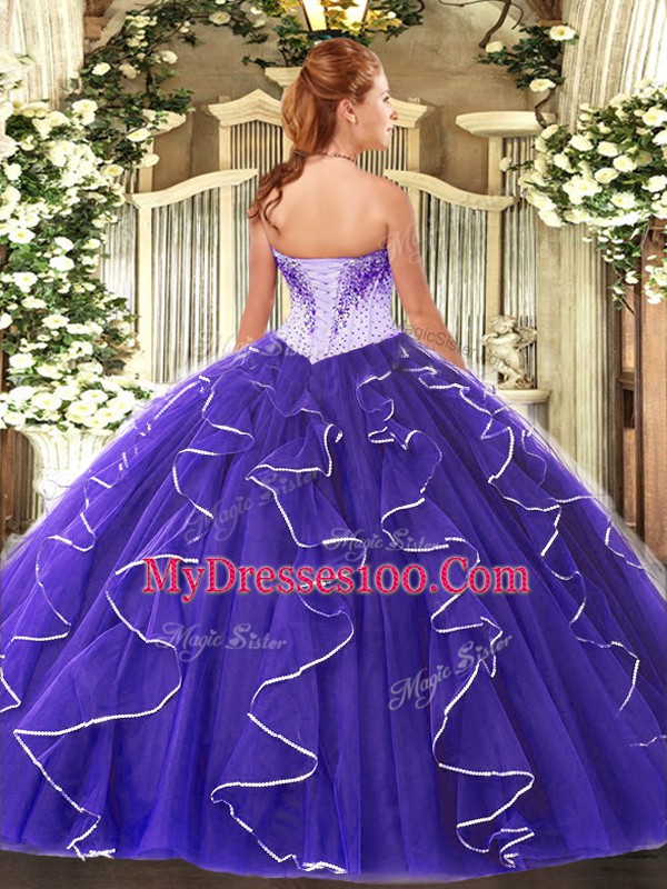 Low Price Floor Length Lace Up Sweet 16 Quinceanera Dress Purple for Military Ball and Sweet 16 and Quinceanera with Beading