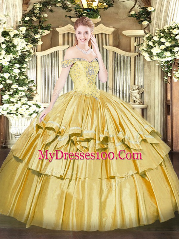 Gold Ball Gowns Beading and Ruffled Layers Vestidos de Quinceanera Lace Up Organza and Taffeta Sleeveless Floor Length