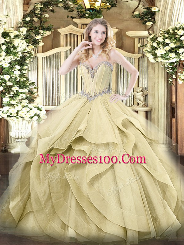 Noble Yellow Sweetheart Neckline Beading and Ruffles Sweet 16 Dresses Sleeveless Lace Up