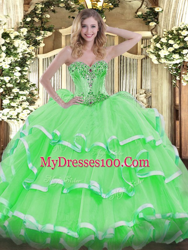 Hot Selling Sweetheart Lace Up Beading and Ruffles Quinceanera Gowns Sleeveless