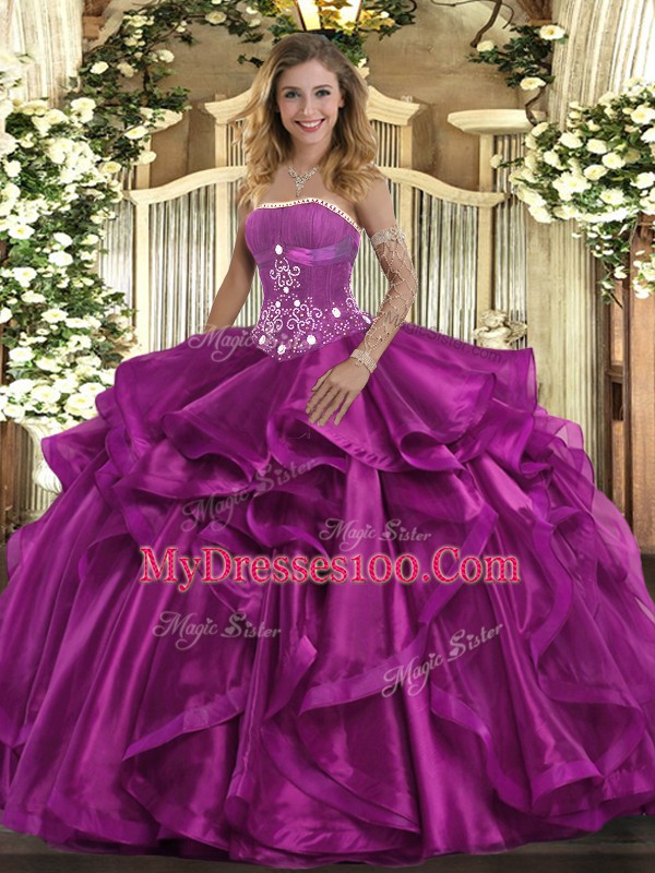 Pretty Fuchsia Strapless Lace Up Beading and Ruffles Quinceanera Gown Sleeveless
