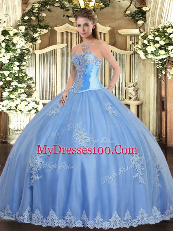 Glorious Floor Length Baby Blue Quinceanera Dress Tulle Sleeveless Beading and Appliques