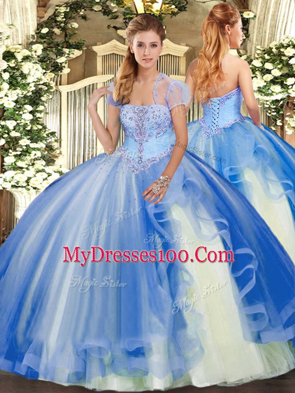Decent Appliques and Ruffles Vestidos de Quinceanera Blue Lace Up Sleeveless Floor Length
