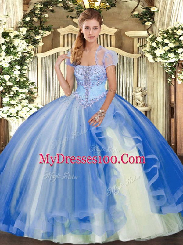 Decent Appliques and Ruffles Vestidos de Quinceanera Blue Lace Up Sleeveless Floor Length