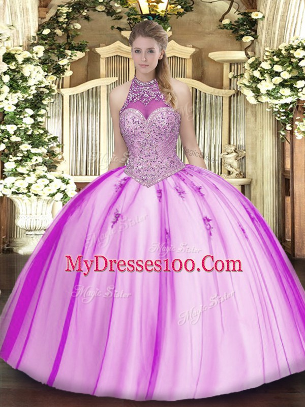 Fitting Fuchsia Lace Up Quinceanera Dresses Beading and Appliques Sleeveless Floor Length