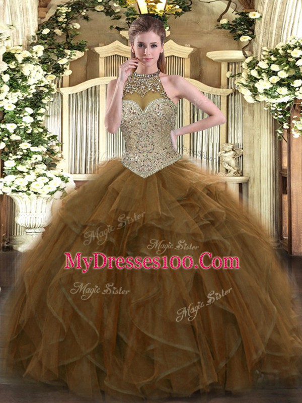 Halter Top Sleeveless Lace Up Quince Ball Gowns Brown Tulle