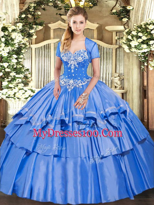 Sleeveless Organza and Taffeta Floor Length Lace Up Ball Gown Prom Dress in Baby Blue with Beading and Ruffled Layers