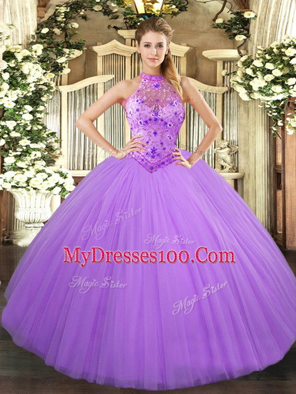 Classical Floor Length Lavender Sweet 16 Dresses Tulle Sleeveless Beading and Embroidery