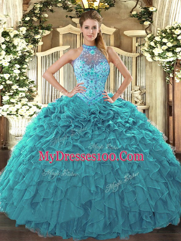 Teal Sleeveless Floor Length Beading and Embroidery and Ruffles Lace Up Quinceanera Gowns
