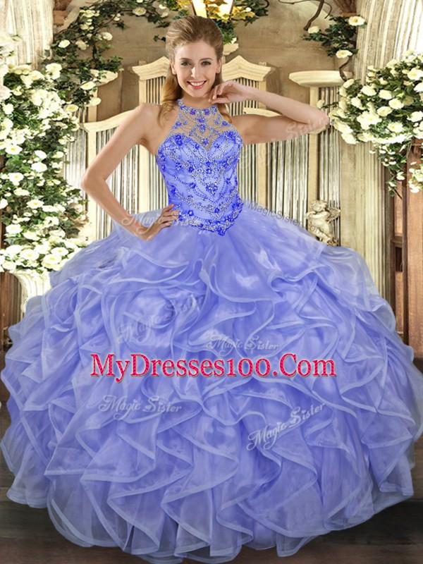 Free and Easy Organza Halter Top Sleeveless Lace Up Beading and Ruffles Ball Gown Prom Dress in Lavender