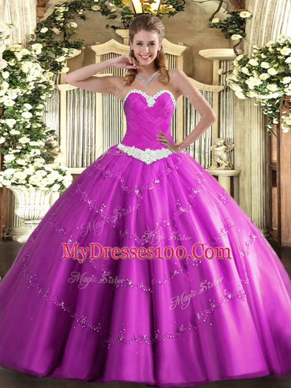 Nice Tulle Sweetheart Sleeveless Lace Up Appliques Quinceanera Dresses in Fuchsia