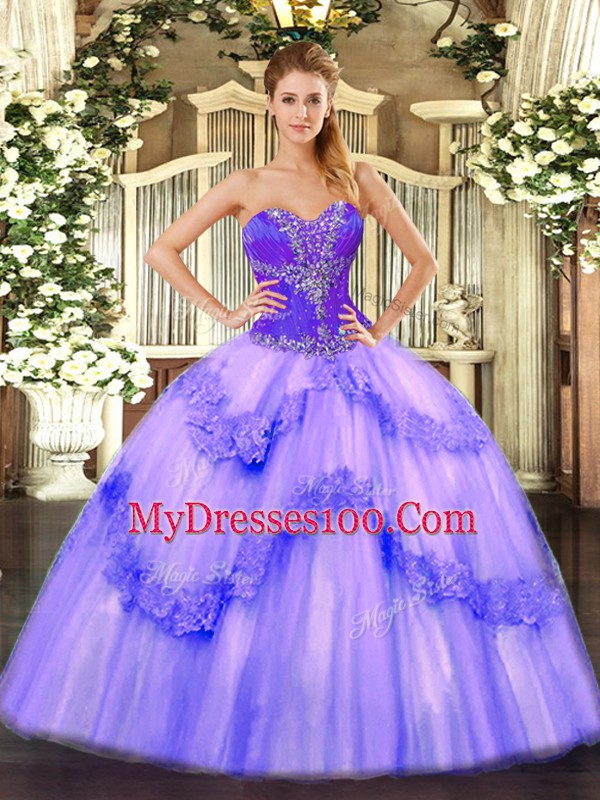 Lavender Sleeveless Floor Length Beading Lace Up Sweet 16 Quinceanera Dress