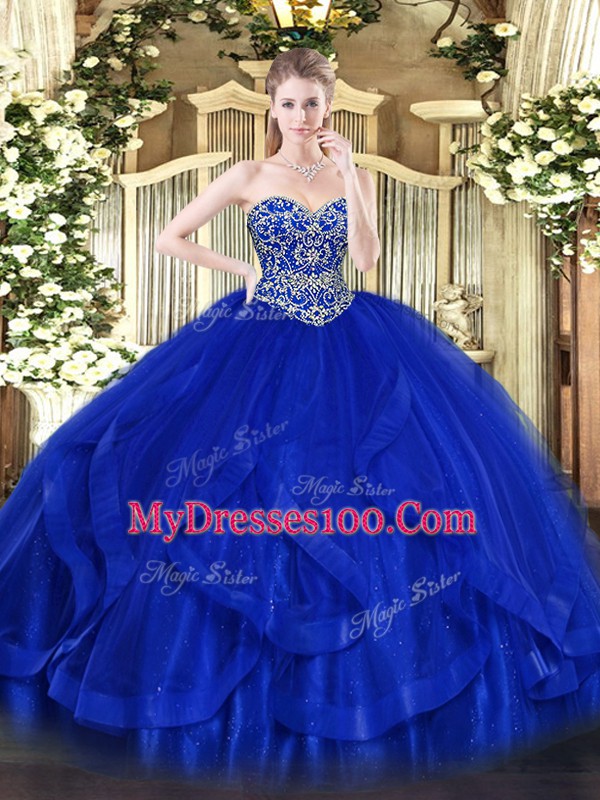 Pretty Sweetheart Sleeveless Quinceanera Dresses Floor Length Ruffles Royal Blue Tulle