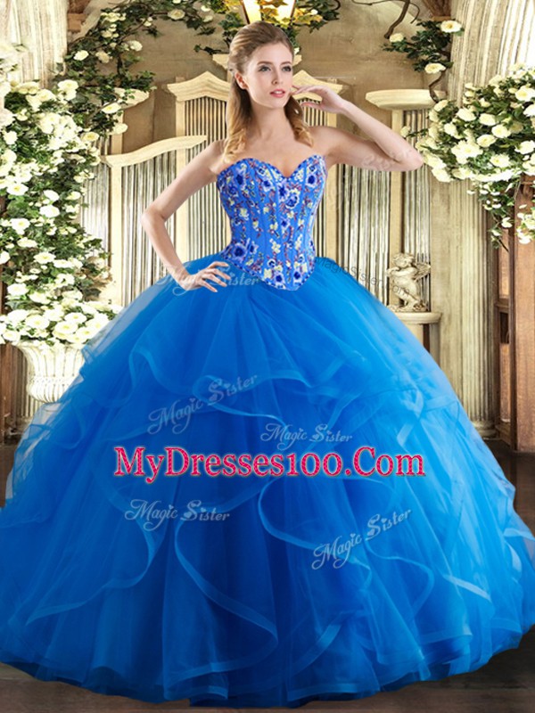 Decent Tulle Scoop Sleeveless Lace Up Embroidery and Ruffles Vestidos de Quinceanera in Royal Blue