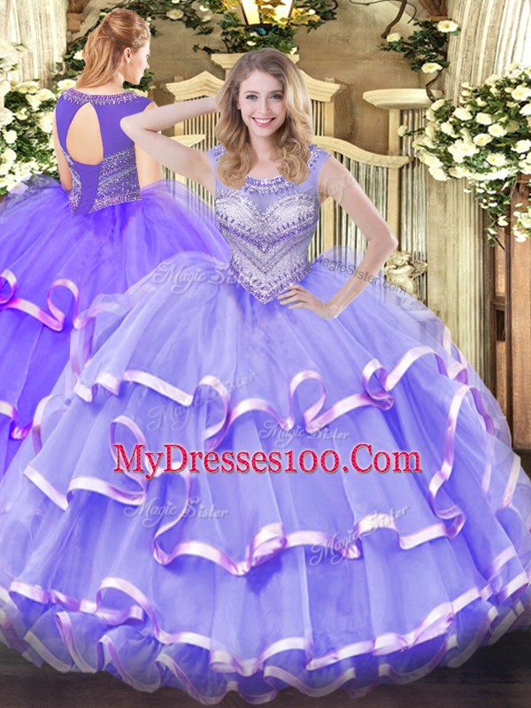 Fitting Sleeveless Organza Floor Length Lace Up Quinceanera Gown in Lavender with Beading and Ruffled Layers