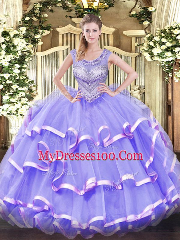 Fitting Sleeveless Organza Floor Length Lace Up Quinceanera Gown in Lavender with Beading and Ruffled Layers