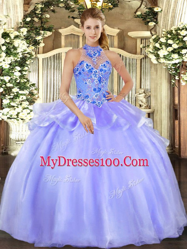 Gorgeous Sleeveless Organza Floor Length Lace Up 15th Birthday Dress in Lavender with Embroidery