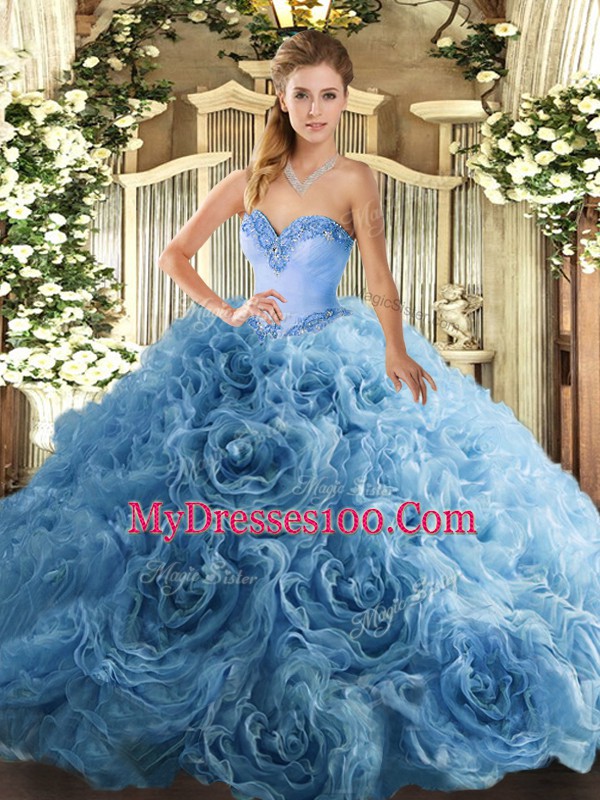 Aqua Blue Sleeveless Fabric With Rolling Flowers Lace Up Quinceanera Gown for Military Ball and Sweet 16 and Quinceanera