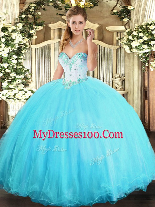 Customized Aqua Blue Sweetheart Lace Up Beading Sweet 16 Dress Sleeveless
