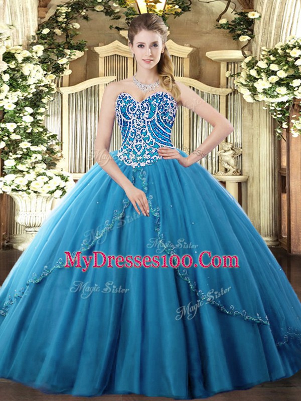 Custom Design Sleeveless Brush Train Beading Lace Up Sweet 16 Dresses