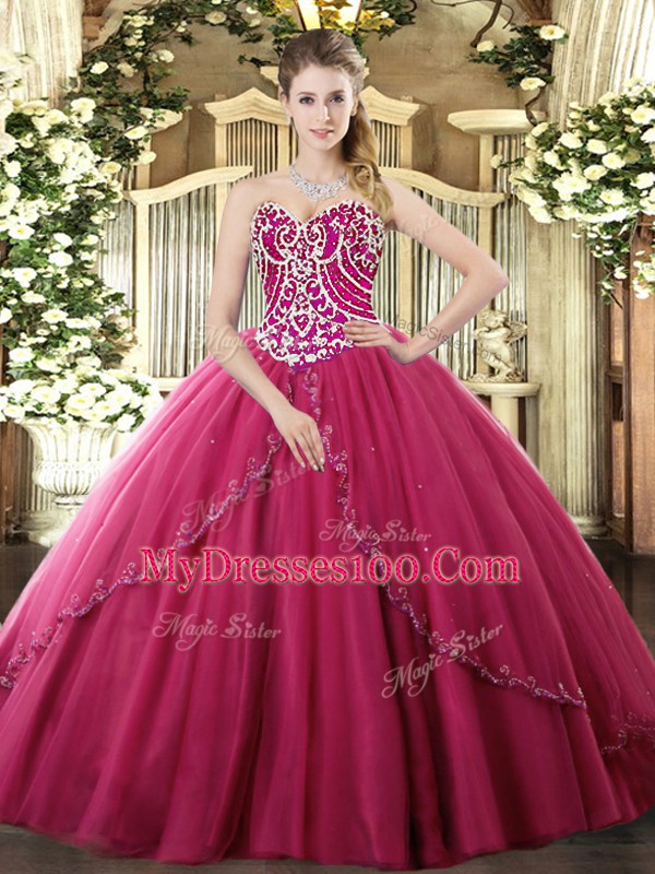 Top Selling Hot Pink Tulle Lace Up Quinceanera Dress Sleeveless Brush Train Beading