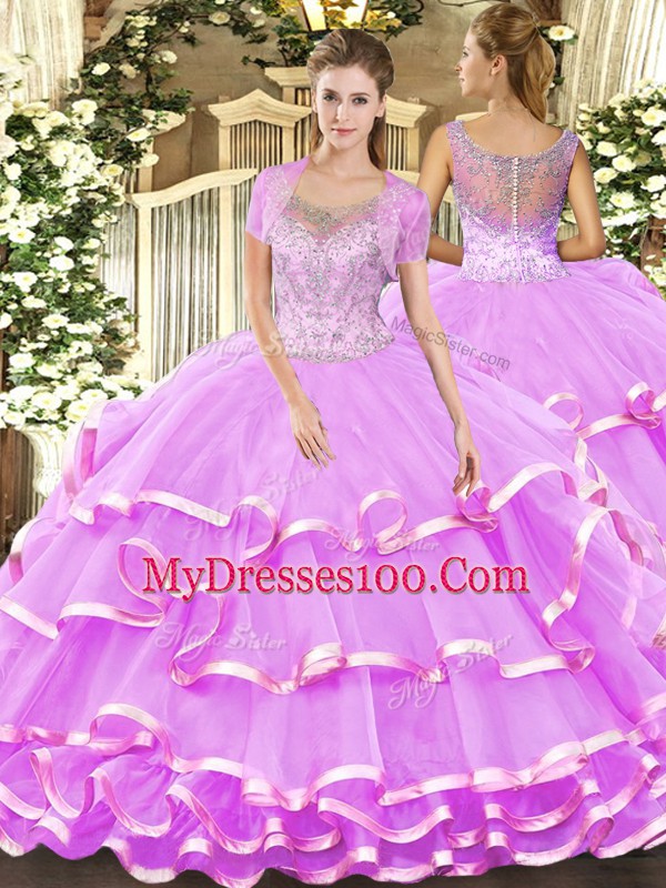 Extravagant Lilac Sleeveless Beading and Ruffled Layers Floor Length Quinceanera Dress