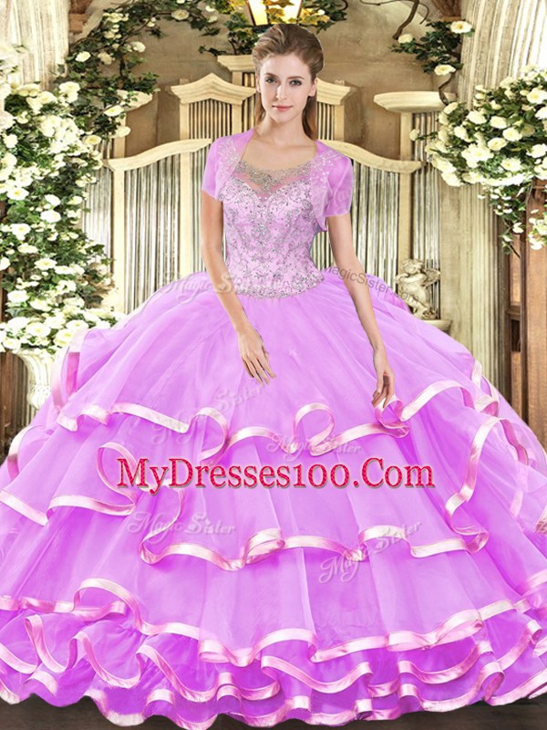 Extravagant Lilac Sleeveless Beading and Ruffled Layers Floor Length Quinceanera Dress