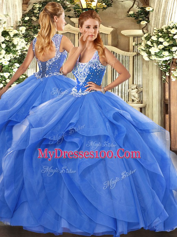Fitting Blue Tulle Lace Up 15 Quinceanera Dress Sleeveless Floor Length Beading and Ruffles