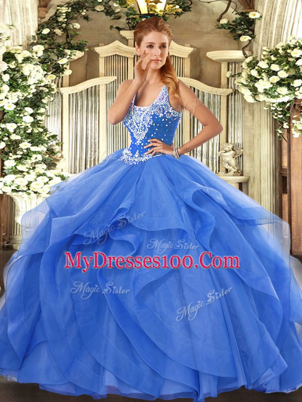 Fitting Blue Tulle Lace Up 15 Quinceanera Dress Sleeveless Floor Length Beading and Ruffles