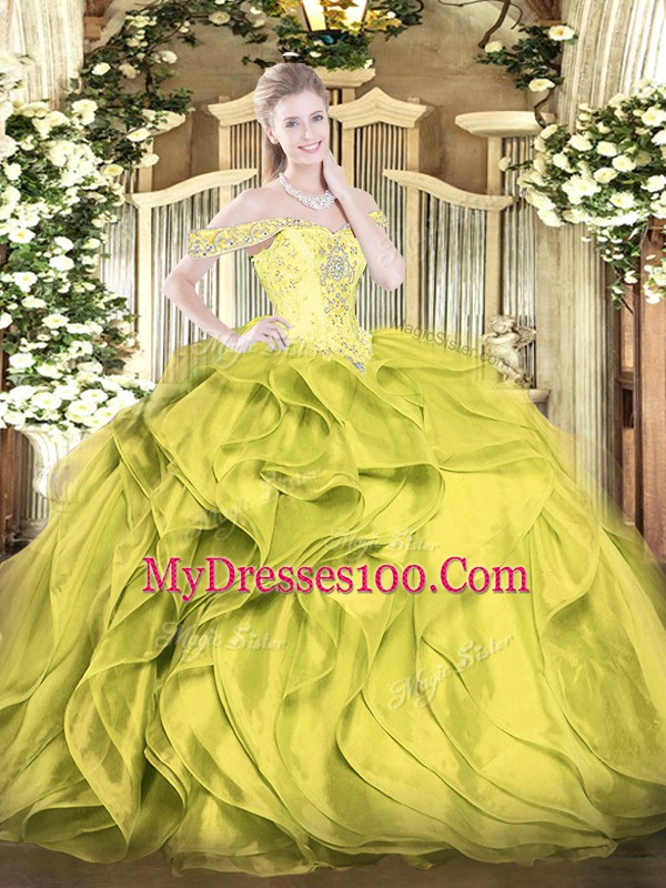 Pretty Ball Gowns Vestidos de Quinceanera Olive Green Off The Shoulder Organza Sleeveless Floor Length Lace Up