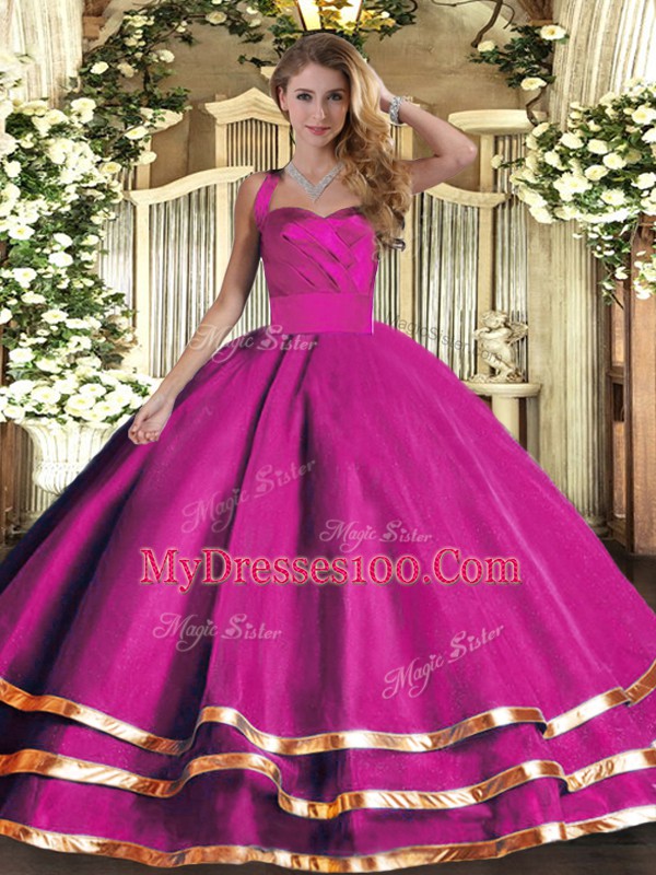 Artistic Fuchsia Tulle Lace Up Ball Gown Prom Dress Sleeveless Floor Length Ruffled Layers