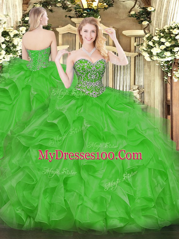 Green Organza Lace Up Quinceanera Dress Sleeveless Floor Length Beading and Ruffles