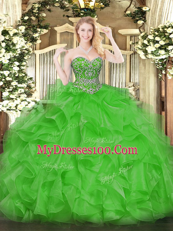 Green Organza Lace Up Quinceanera Dress Sleeveless Floor Length Beading and Ruffles