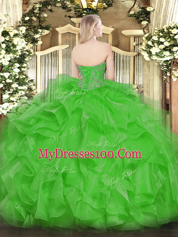 Green Organza Lace Up Quinceanera Dress Sleeveless Floor Length Beading and Ruffles