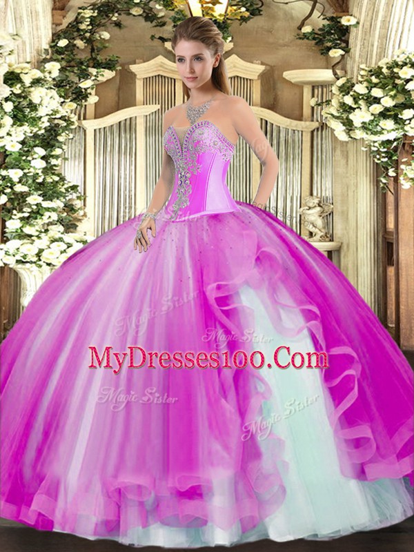 Glittering Fuchsia Ball Gown Prom Dress Military Ball and Sweet 16 and Quinceanera with Beading and Ruffles Sweetheart Sleeveless Lace Up