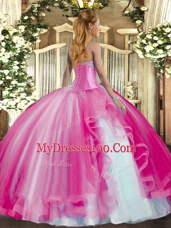 Glittering Fuchsia Ball Gown Prom Dress Military Ball and Sweet 16 and Quinceanera with Beading and Ruffles Sweetheart Sleeveless Lace Up