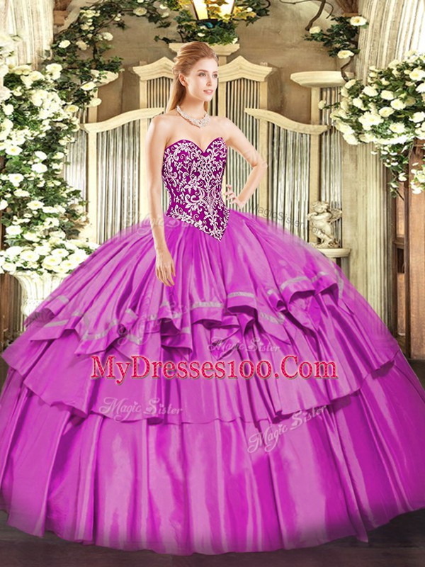 Floor Length Lilac Ball Gown Prom Dress Organza and Taffeta Sleeveless Beading and Ruffled Layers