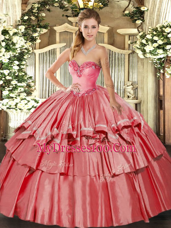 Floor Length Lace Up Quinceanera Gown Coral Red for Military Ball and Sweet 16 and Quinceanera with Beading and Ruffled Layers