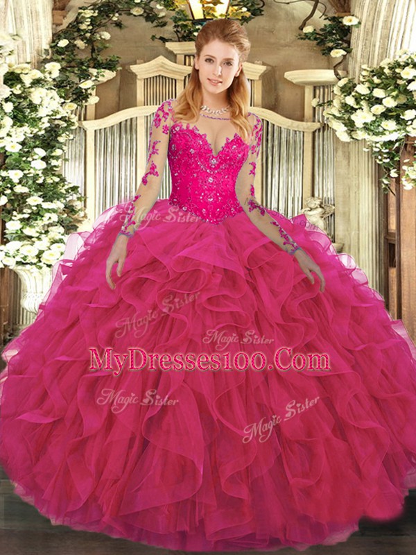Lace and Ruffles 15 Quinceanera Dress Hot Pink Lace Up Long Sleeves Floor Length