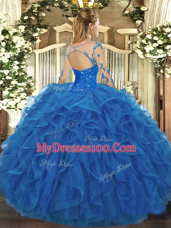 Lace and Ruffles 15 Quinceanera Dress Hot Pink Lace Up Long Sleeves Floor Length