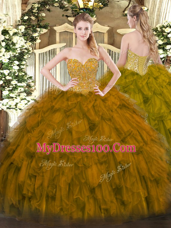 Artistic Brown Sweetheart Neckline Beading and Ruffles Quinceanera Gown Sleeveless Lace Up