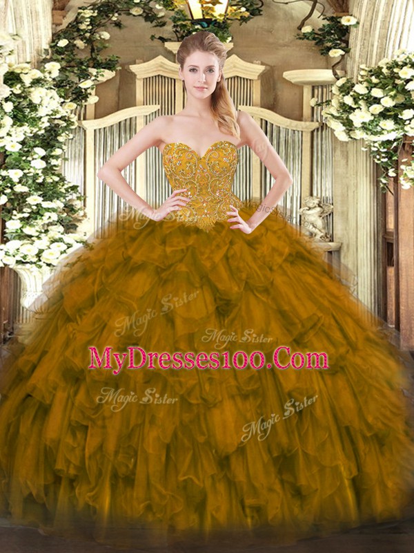 Artistic Brown Sweetheart Neckline Beading and Ruffles Quinceanera Gown Sleeveless Lace Up