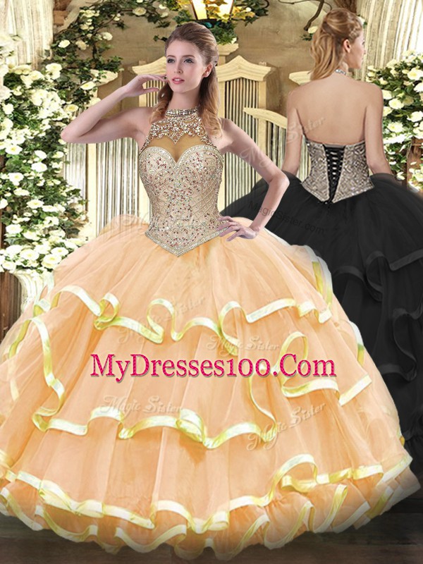 Shining Halter Top Sleeveless Lace Up Ball Gown Prom Dress Peach Organza