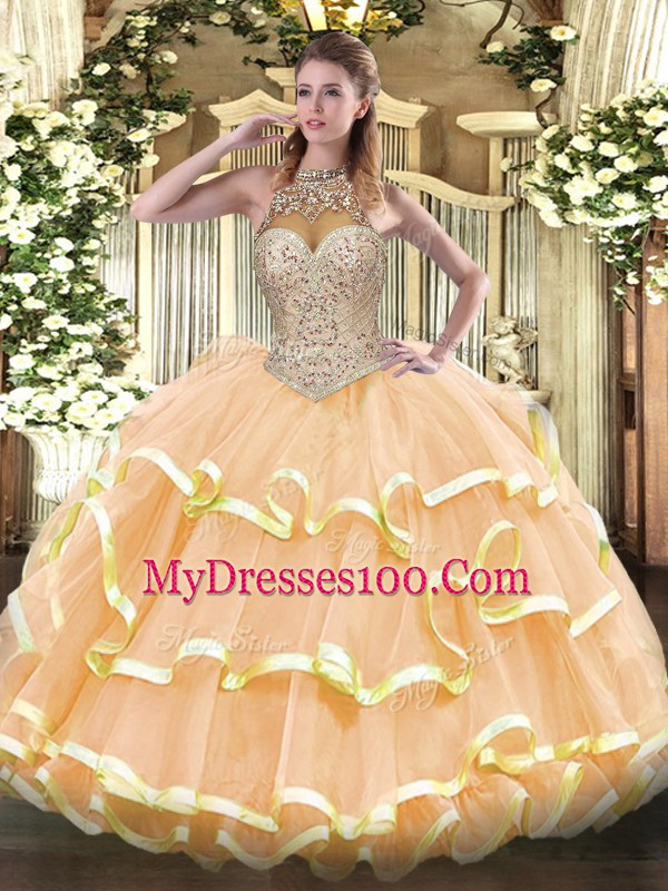 Shining Halter Top Sleeveless Lace Up Ball Gown Prom Dress Peach Organza