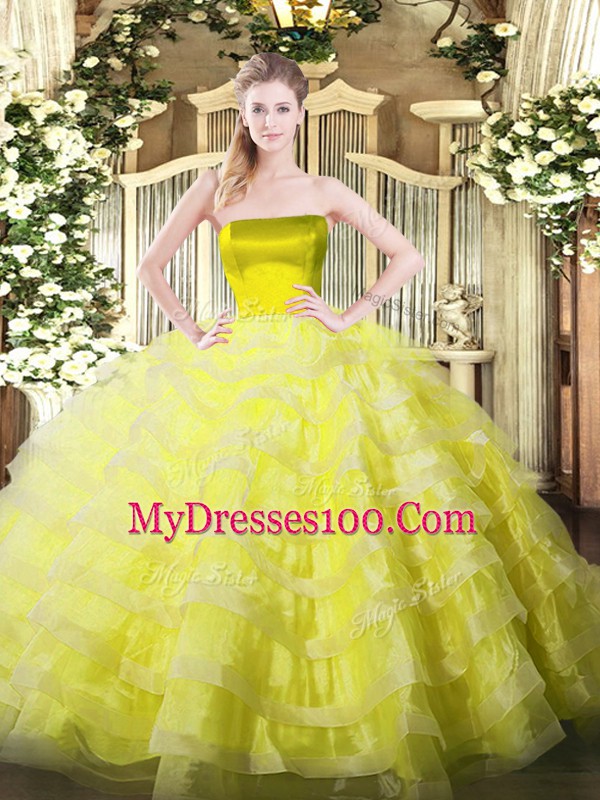 Suitable Yellow Strapless Zipper Ruffled Layers Sweet 16 Dresses Sleeveless