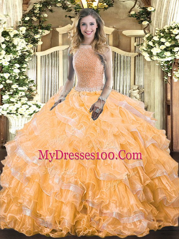 Orange High-neck Lace Up Beading and Ruffled Layers Quinceanera Gowns Sleeveless