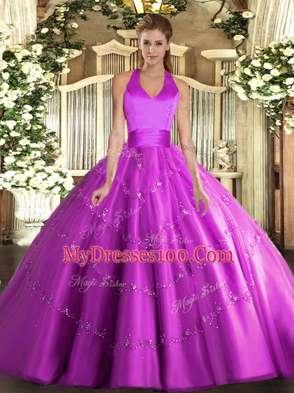 Pretty Fuchsia Sleeveless Appliques Floor Length Quince Ball Gowns