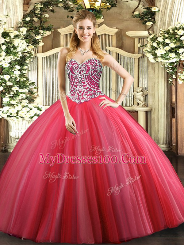 Sleeveless Tulle Floor Length Lace Up Quinceanera Dresses in Coral Red with Beading