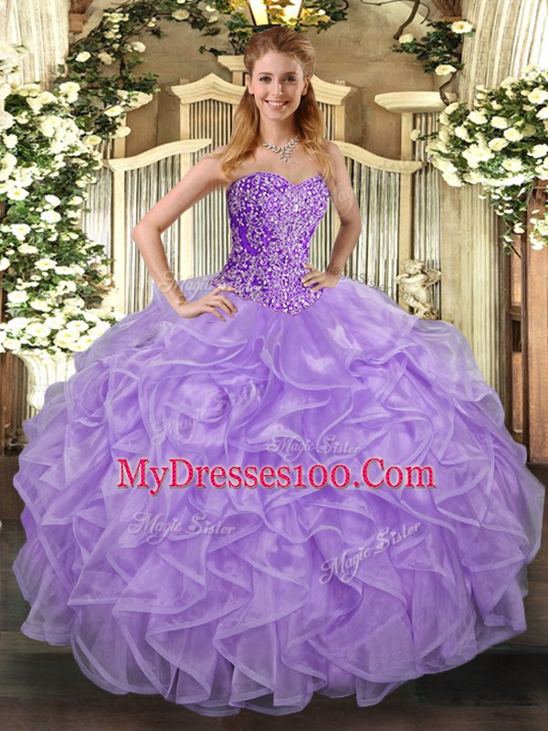 Extravagant Lavender Lace Up Sweetheart Beading and Ruffles Sweet 16 Dress Tulle Sleeveless