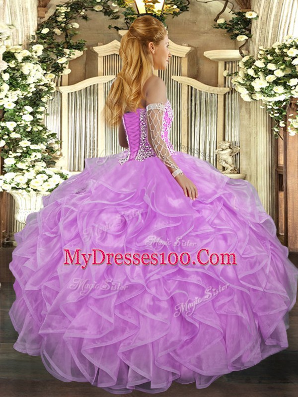 Extravagant Lavender Lace Up Sweetheart Beading and Ruffles Sweet 16 Dress Tulle Sleeveless